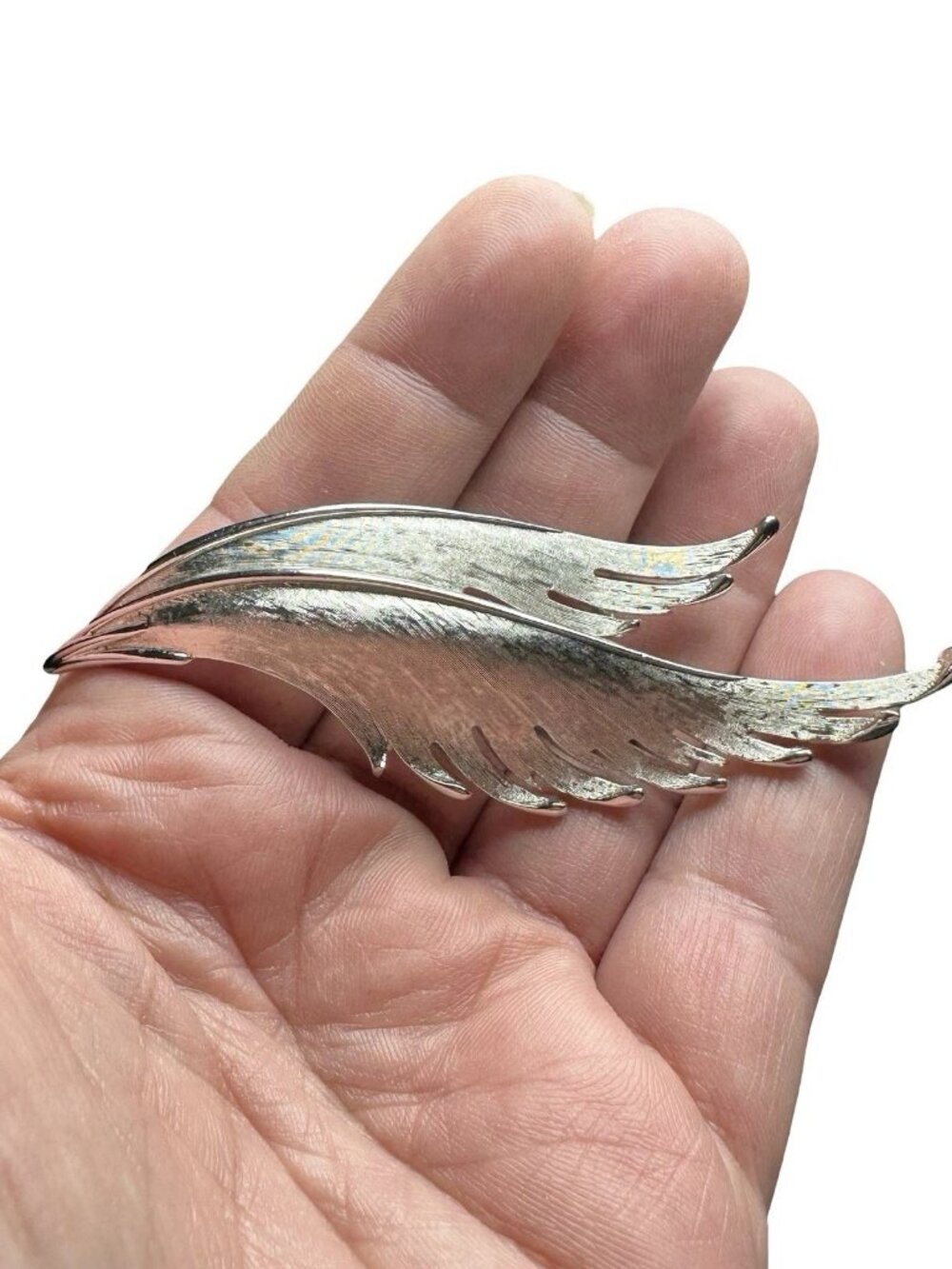 Vtg 1950s Crown Trifari Brushed Silver Textured Feather Wing Brooch Pin 4.5"